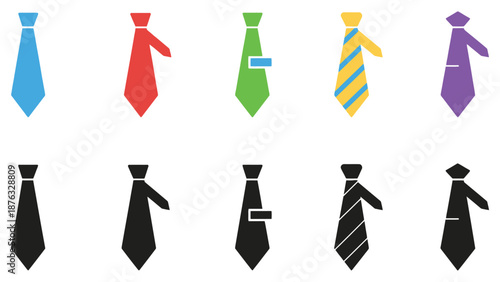 A collection of colorful and black neckties on a white background