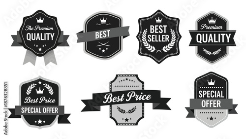 Collection of vintage style badges and labels showcasing quality and best seller promotions