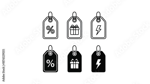 Black and white price tags with discount gift and lightning bolt symbols