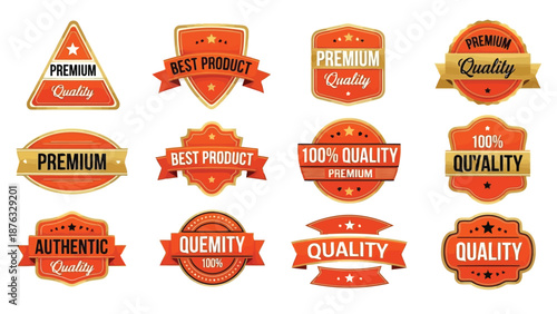 Collection of vibrant orange and gold premium quality badges and labels