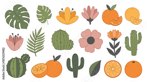 A vibrant collection of tropical plants and fruits illustrated in a modern flat design style