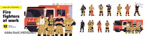 Firefighters at work set. Firemen brigade in uniform and helmets extinguishes flames with fire engine, hose, and ladder. Emergency service job. Flat isolated vector illustration on white background