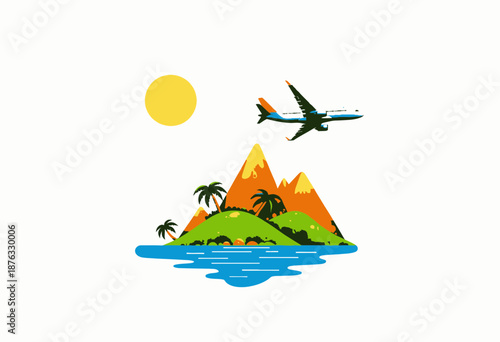 Illustration of a jet plane soaring above a vibrant tropical island with lush greenery, mountains, and a bright sun in a clear sky