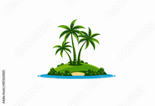 A serene tropical island with lush greenery and tall palm trees surrounded by blue waters under a clear sky in a tranquil cartoon landscape illustration