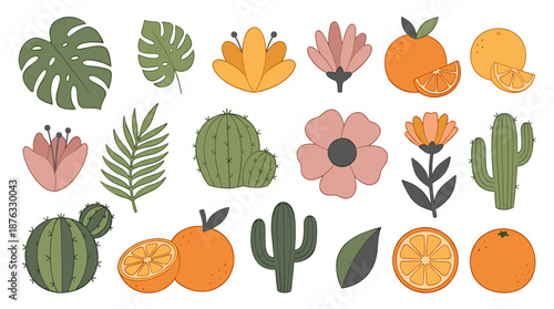 A vibrant collection of tropical plants and fruits illustrated in a modern flat design style