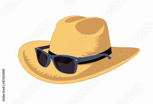 Stylish Sun Hat with Dark Sunglasses on a White Background for a Fashionable Summer Accessories Concept