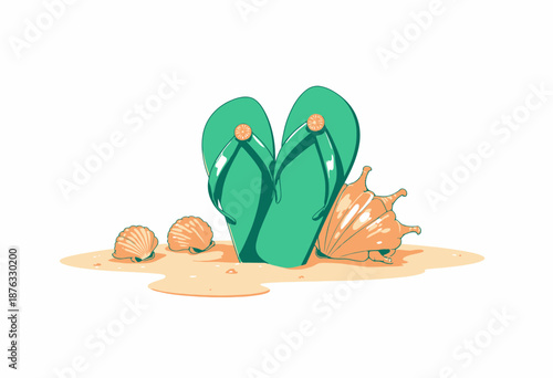 Relaxing Beach Scene with Green Flip-Flops and Seashells on Sandy Shore Capturing the Essence of a Serene Coastal Getaway Experience