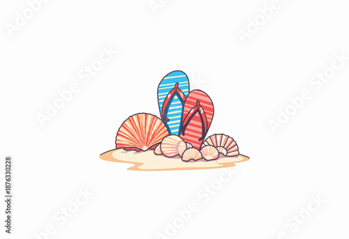 Colorful Flip-Flops and Seashells on Sandy Beach Evoking Relaxation and Summer Vibes