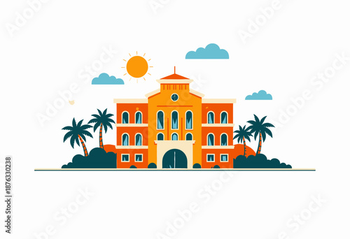 Vibrant Illustration of a Majestic Mediterranean Building Surrounded by Lush Palms and Greenery under a Bright Sunlit Sky with Fluffy Clouds