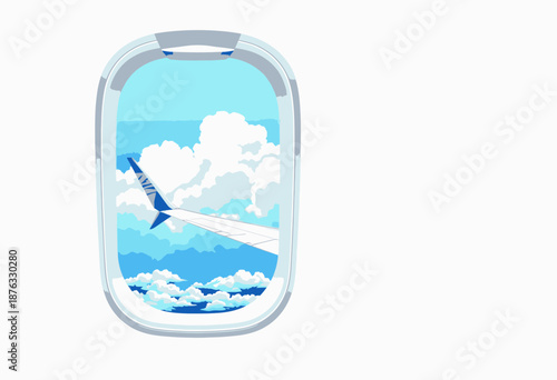 A serene view from an airplane window showcasing cool blue skies with fluffy white clouds and a partial wing in focus for a peaceful travel experience