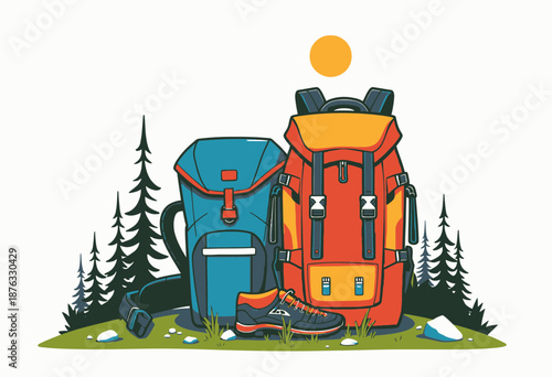 Vibrant Backpacks and Hiking Gear Amidst Scenic Nature Backdrop with Lush Greenery and Bright Sun