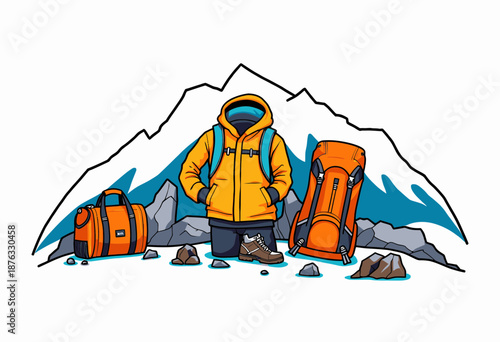 Adventure Ready Gear with Vibrant Orange Backpack and Jacket Set Against Majestic Mountain Illustration for Outdoor Enthusiasts