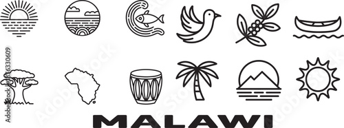 Malawi travel elements and african nature icons featuring lake scenery wildlife and symbols