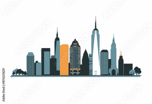 Colorful Urban Skyline Illustrating Diverse Architectural Styles and Iconic Skyscrapers Amidst Green Trees on a Clear, Minimalist Background