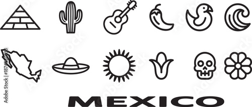 Mexico icons set country symbols and landmarks for travel and national identity vector