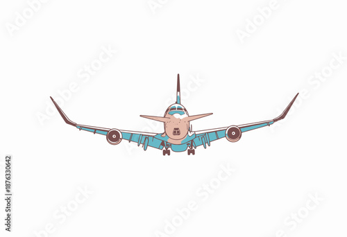 Illustration of a Commercial Jet Airplane Featuring Prominent Wings and Engines Flying Centered Against a Clear White Background