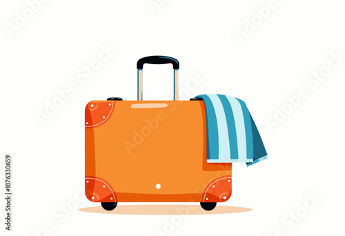 Bright Orange Suitcase with Blue Striped Towel on a White Background Illustrating Travel Essentials and Vacation Preparation