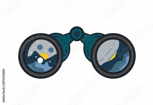 Colorful Cartoon Binoculars Illustration with Abstract Nature Scenes Reflecting Day and Night in Circular Lenses