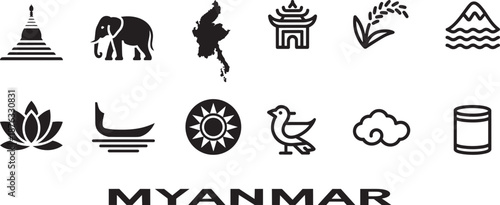 Myanmar icon set: burmese culture symbols collection for travel guide and map design elements