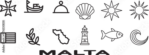 Set of malta outline icons includes maltese cross boat bell shell sun flag olive branch map lighthouse