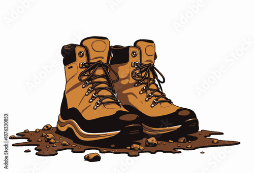 Durable and Waterproof Hiking Boots Resting on Mud After an Outdoor Adventure in Rugged Terrain