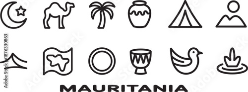 Set of mauritania outline icons collection includes crescent star camel date palm tree pot tent mountain