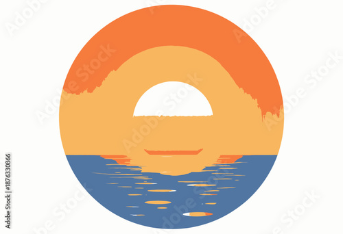 Vibrant Circular Illustration of a Sunset Over Calm Ocean Waters with Reflective Surface and Gradient Colors from Deep Blue to Warm Golden Hues