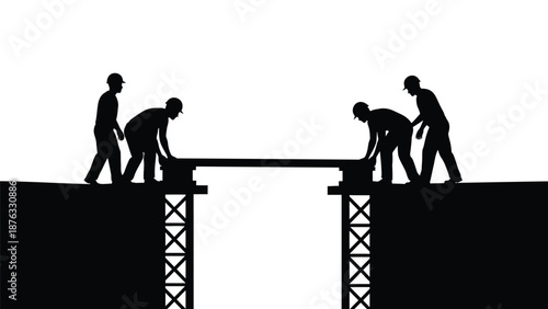Four workers in silhouette building a bridge with a beam on scaffolding structures
