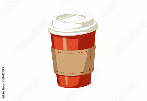 Illustration of a Red Takeaway Coffee Cup with Lid and Sleeve on a White Background Highlighting the Urgency and Popularity of On-the-Go Coffee Culture