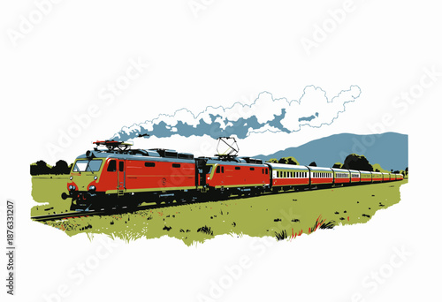 Illustration of a Powerful Electric Train in Scenic Countryside with Mountains and Lush Greenery Under a Clear Blue Sky, Showing Dual Engines and Long Passenger Cars
