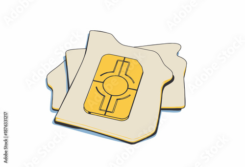 Illustration of Three SIM Cards with Golden Microchip on White Background Representing Mobile Connectivity and Digital Communication Technologies