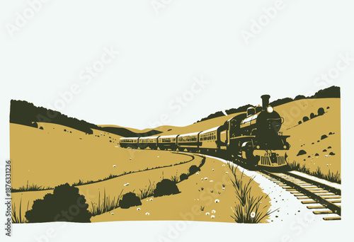 Scenic vintage steam train traveling through lush countryside landscape under blue skies between rolling green hills and golden fields