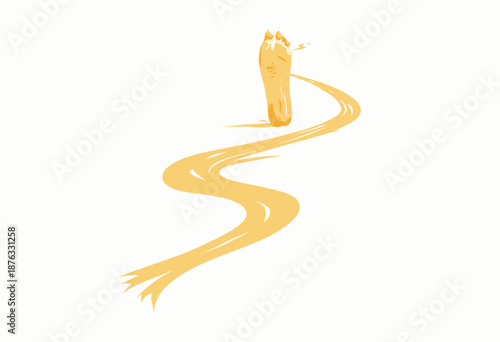 Footprint leaving a winding trail on a blank background symbolizing journey, path, or movement with emphasis on direction and purpose conveyed visually