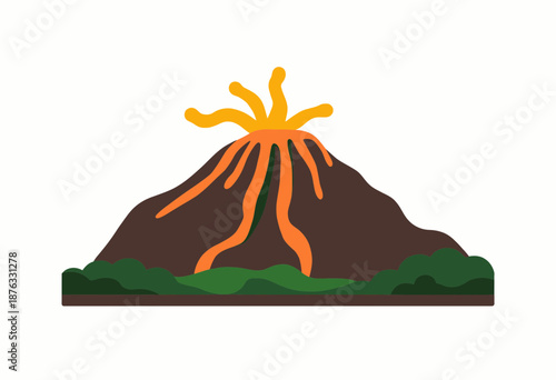 Illustration of an Erupting Volcano with Flowing Lava Surrounded by Lush Greenery Showcasing Natural Phenomenon and Geothermal Activity