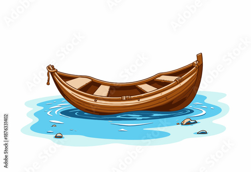 Illustration of a Wooden Rowboat Floating Peacefully on Calm Water Surrounded by Gentle Ripples and Small Rocks, Capturing a Tranquil and Serene Scene