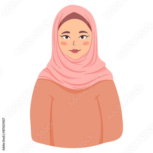 Flat vector illustration of young woman wearing pink hijab on white background. Concept of diversity, inclusivity, contemporary lifestyle, individuality, confidence and cultural expression