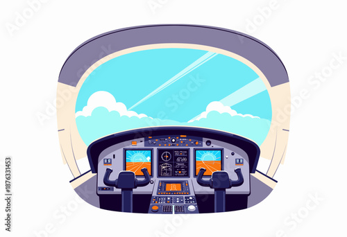 Detailed Illustration of a Modern Airplane Cockpit with Instruments and Blue Sky Visible Through the Windscreen