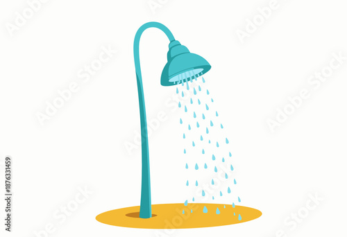 Illustration of a Standalone Blue Shower Spraying Water Drops Against a Plain White Background with Yellow Base
