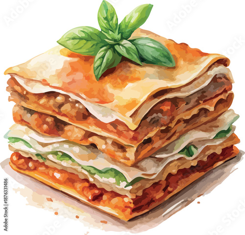 Italian Lasagna Food Dish Watercolor Vector Illustration