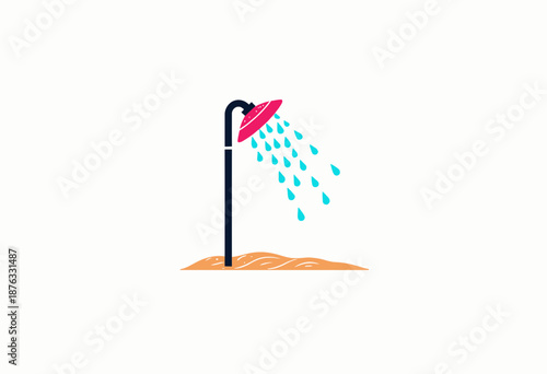Illustration of a Beachside Outdoor Shower with Flowing Water Droplets Against a Minimalistic White Background