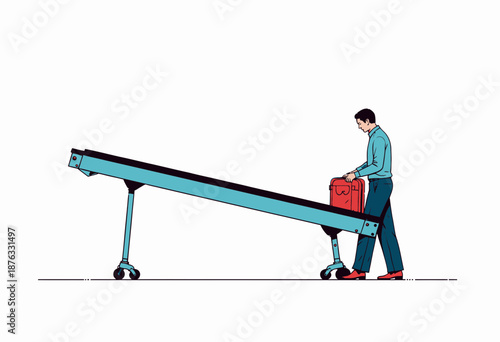 Illustration of a Man Loading Luggage onto an Inclined Conveyor Belt in a Minimalist Style