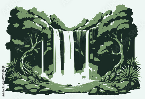 Tranquil Waterfall Cascading Amidst Lush Greenery and Majestic Rocks in a Serene Natural Landscape Illustration