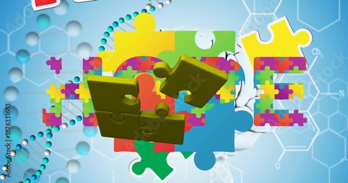 Animation symbolizes autism awareness with puzzle pieces forming hope and brain imagery.