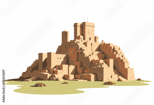 Ancient Desert Fortress: A Stunning Sandstone Architectural Marvel Showcasing Majestic Towering Walls, Arched Entrances, and Layered Terraces Amidst Sandy Terrain