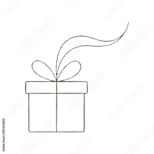 Simple hand-drawn illustration of a gift box with a delicate bow and flowing ribbon isolated on white background