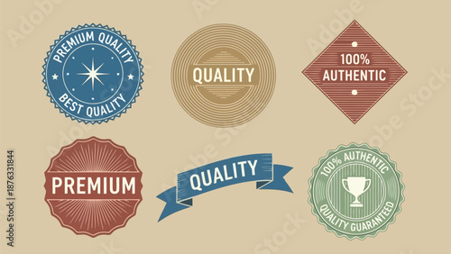 A collection of vintage style quality assurance and authenticity badges