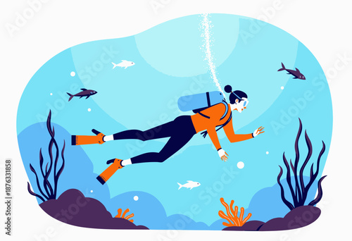 Illustration of a Diver Exploring an Underwater World Surrounded by Marine Life, Coral Reefs, and Fish Swim Against a Background of Clear Blue Waters