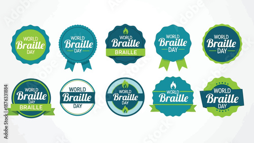 Collection of colorful world braille day badges and emblems for accessibility awareness