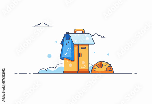 Illustration of Cozy Autumn Scene with Sleeping Cat, Warm Sweater Hung on a Simple Wooden Closet in a Minimalist Style
