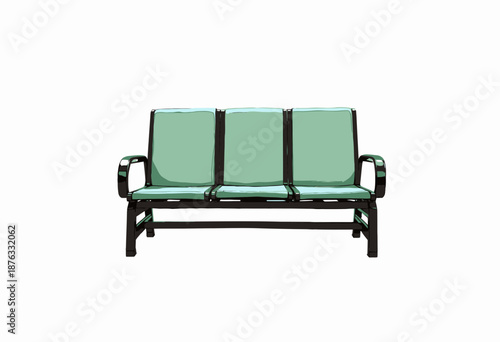 Elegant and Compact Three-Seater Bench Featuring Green Cushions and Black Metal Frame for Contemporary Indoor and Outdoor Seating Solutions